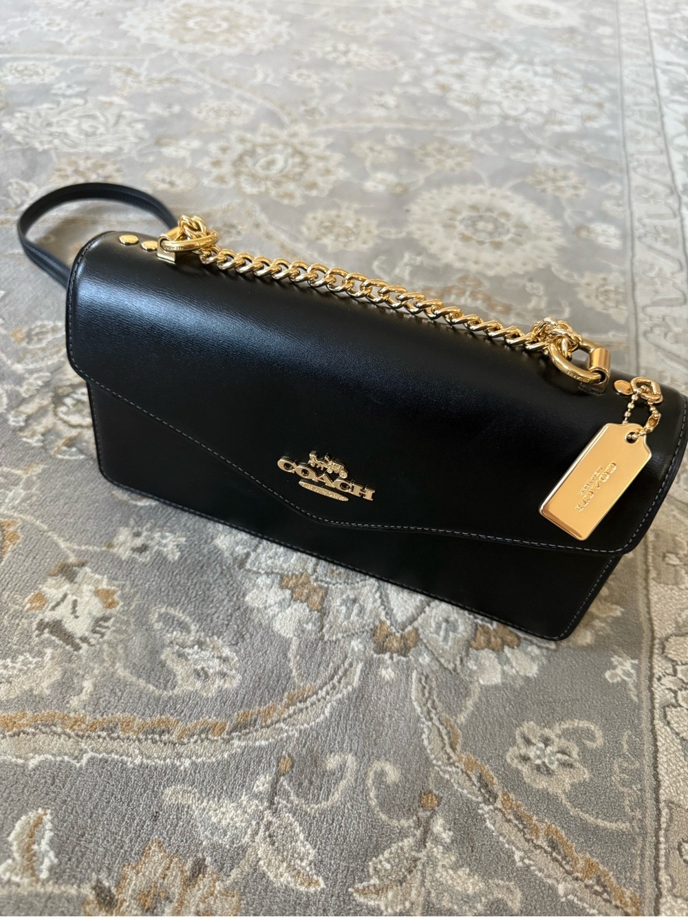 Coach Black Leather Crossbody with Gold Chain